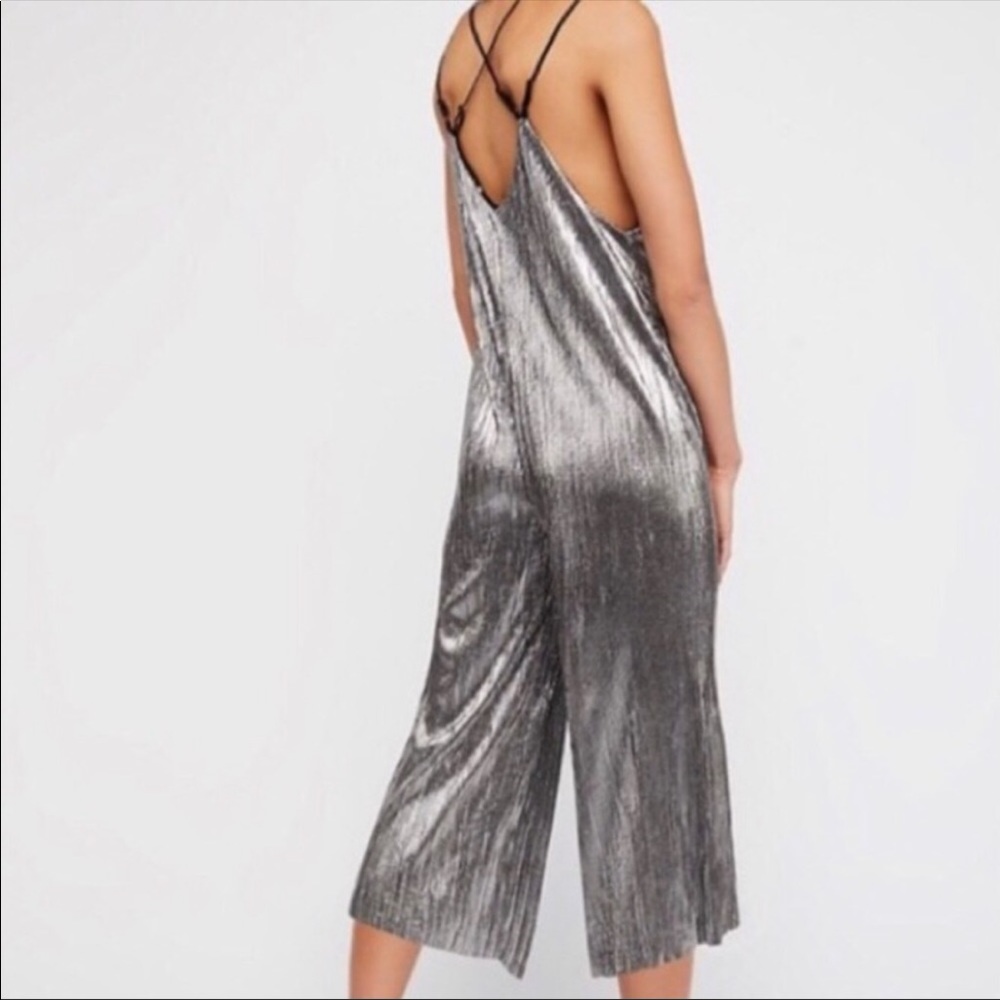 Free People | Flicker Flash Silver Pleated Adjustable Jumpsuit